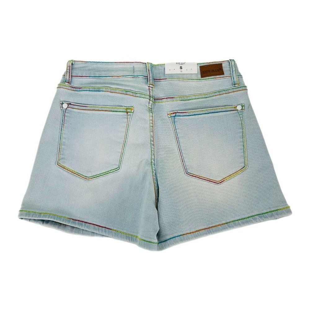 Judy Blue Jean Shorts Womens Size M or L Mid Rise Light Wash Rainbow Stitching - Picture 4 of 13